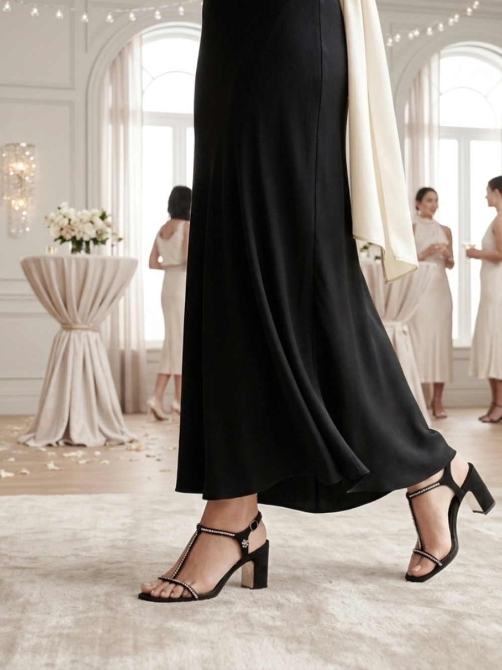 Chanel Interlocking CC Logo Black Satin T-Strap Crystal Embellished Heels EU 39